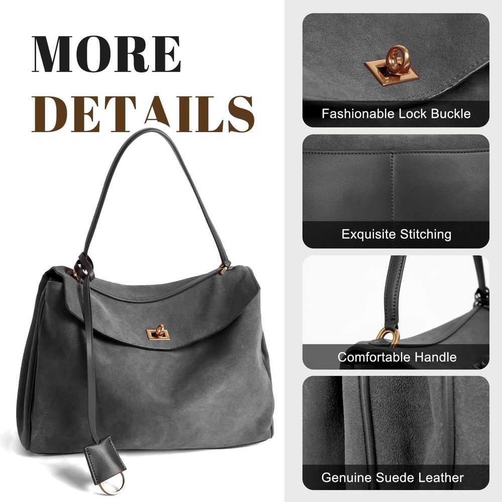 Leather Suede Tote Bag Genuine Leather Shoulder Handbag - Large :') - Picture 3 of 6